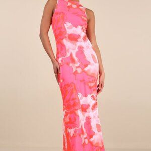 Lulus Telestia Hot Pink Abstract Mesh Mermaid Maxi Dress - Size XL